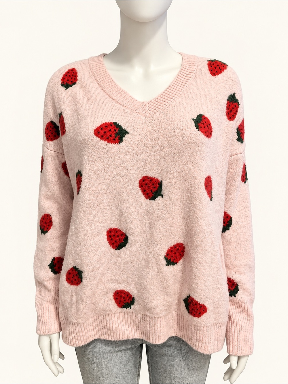 CeCe Pink V-Neck Strawberry Pattern Sweater